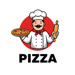 Friendly cartoon chef holding a delicious pizza and rolling pin with the word pizza