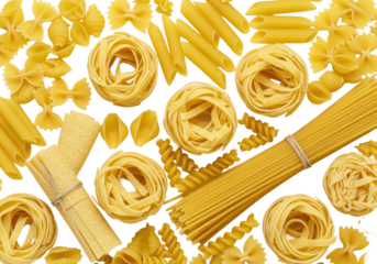 Abundant, uncooked dry golden yellow Italian pasta shapes, including nests, scattered on a transparent background with copy space, flat lay with soft shadows. Concept of Italian culinary variety