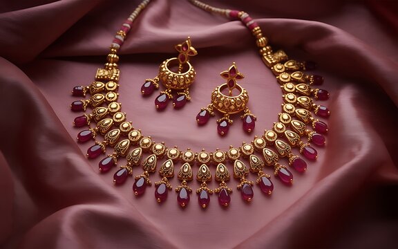 Gold necklace and earrings with ruby stones
