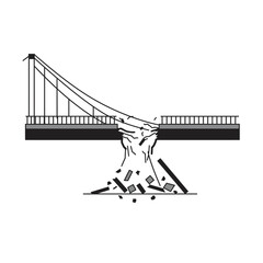 Illustration of a suspension bridge collapsing with debris falling into water below