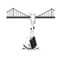 Symbolic illustration of a broken bridge collapsing with debris falling into a chasm representing failure or disaster