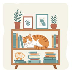 Cozy orange tabby cat sleeping peacefully on a bookshelf surrounded by plants and artwork