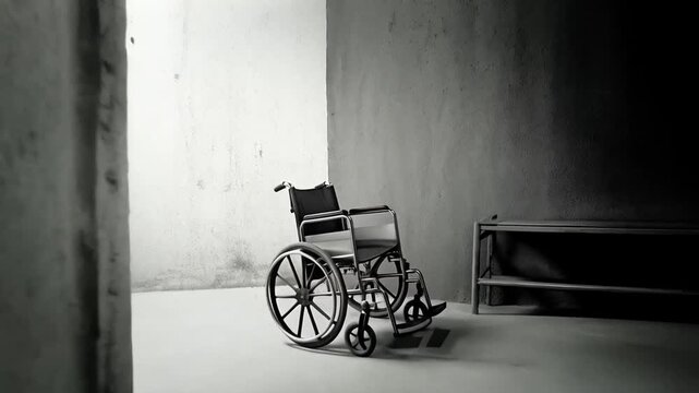 Eerie scene of an empty wheelchair inside a dark room a symbol of loneliness and abandonment,