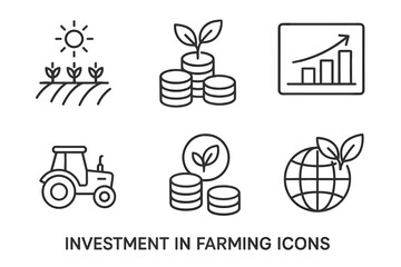 Farming Investment Icons – Agriculture, Money, Growth, Economy, Line Vector Set