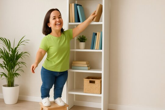 Happy short woman reaching a book on a high shelf using a small stool