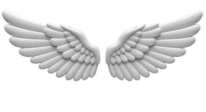 Isolated pair of ornate angel wings with detailed feathers, angelic decoration elements