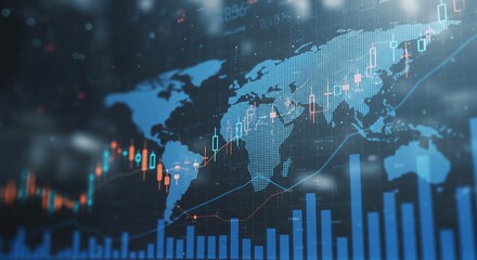 Global financial market trends visualized with world map and stock charts.