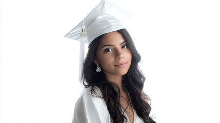 horizontal portrait of beautiful mexican graduate from high school wearing a white gown and cap on a white background