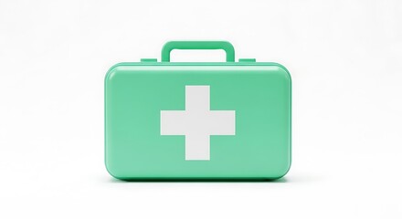 Fototapeta premium A mint-green first-aid kit, with a prominent white plus sign, is showcased against a plain white background.