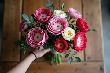 Obraz premium A Rustic Scene: A Bouquet of Flowers Held in Hand on a Wooden Table