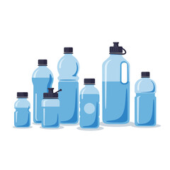 Collection of various blue plastic water bottles with black caps and clear liquid inside on white background