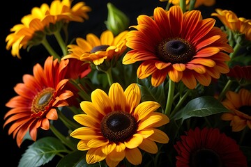 Bouquet of vibrant sunflowers with dark background
