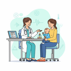 Pediatrician's compassionate consultation with a young mother and her baby, focusing on infant health and well-being at a modern medical clinic