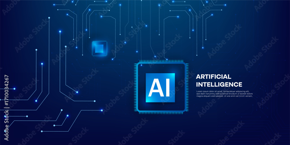 Poster artificial intelligence processor chip icon with neon light circuit board and blue futuristic techno
