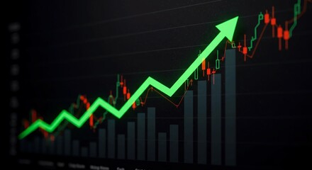Stock market chart showing an upward trend with a green arrow.
