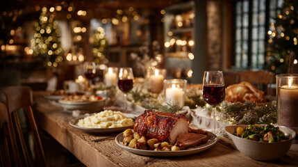 A festive Christmas dinner table, no people, decorated with candles and garlands, traditional European holiday dishes like roast turkey, mashed potatoes, vegetables, red wine glasses