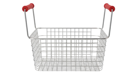 Isolated silver wire basket with red handles for cooking fried foods at home or outdoors