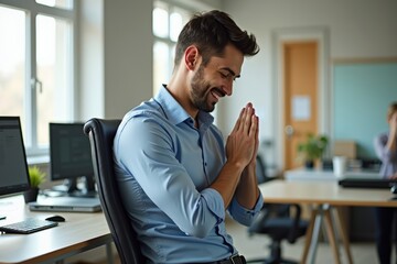 Young businessman alleviates back pain with desk yoga stretches in office.