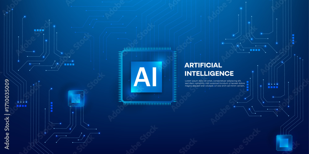 Poster artificial intelligence processor chip icon with neon light circuit board and blue futuristic techno