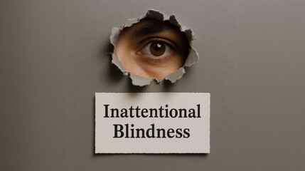 inattentional blindness concept with human eye peeking through torn paper hole above text sign showing psychological condition awareness and perception research illustration