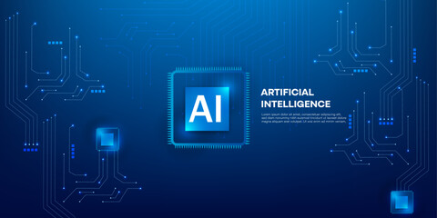 Artificial Intelligence Processor Chip icon with Neon Light Circuit Board and Blue Futuristic Technology Background Illustration