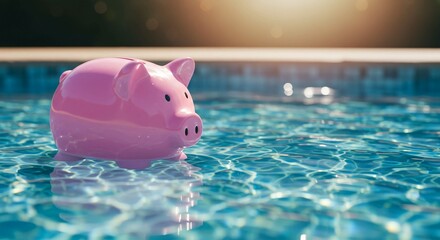 A pink piggy bank floats in the shimmering blue water of a swimming pool, bathed in warm sunlight.