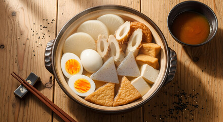 top view of oden on wood table or background 