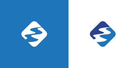 Abstract logo design featuring a stylized blue river within a rounded square shape.