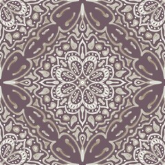 Elegant Seamless Mandala Pattern with Ornamental Floral Design in Purple and Beige