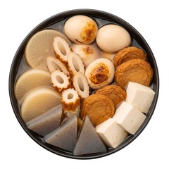top view of oden in bowl on white background 