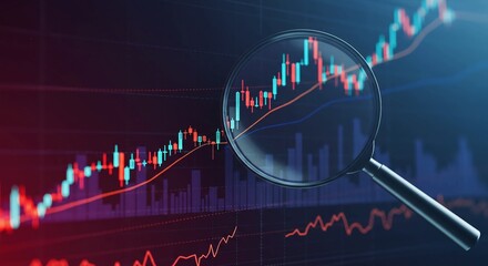 Magnifying glass analyzing a stock market graph showing upward trend with red and blue candlesticks.