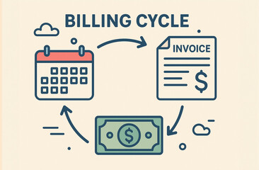 billing cycle illustration with calendar invoice and money symbol showing finance process recurring payment schedule and cash flow management for business