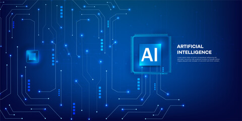 Blue Futuristic Technology Background with AI Semiconductor Chip and Abstract Circuit Board Neon Light