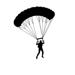 Silhouette of a skydiver in freefall with a large black parachute deployed against a white background