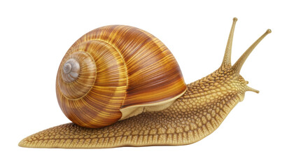 Isolated Land snail crawling along with a shell on its back in the garden in the spring