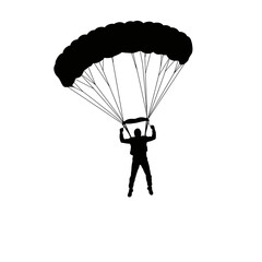 Silhouette of a skydiver descending with an open parachute against a clean white background