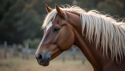 Obraz premium A chestnut horse with a flowing white mane stands in a field, gazing to the left. The background is softly blurred, highlighting a tranquil rural scene.