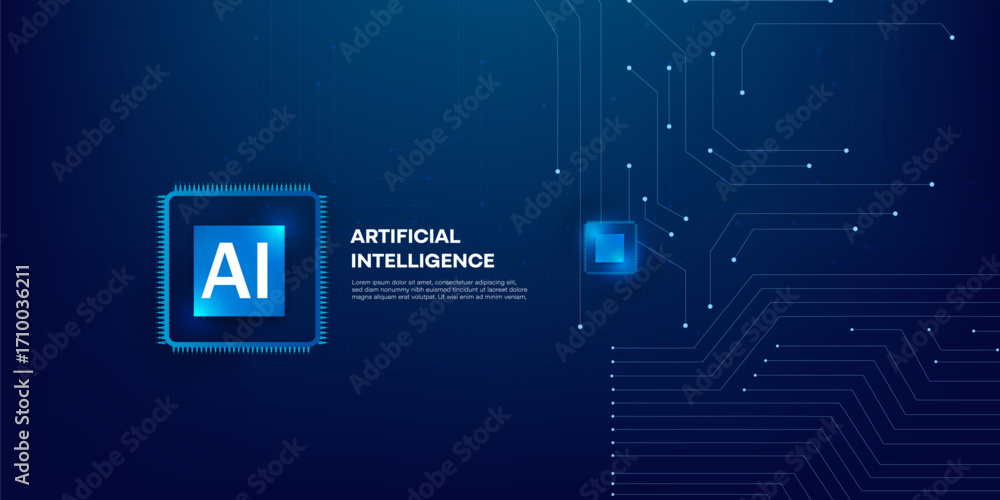 Poster artificial intelligence concept with neon glowing ai chip on circuit board in digital futuristic blu