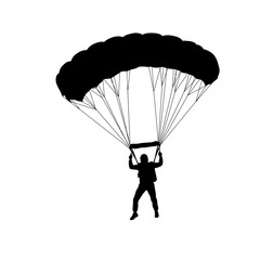 Silhouette of a skydiver descending with a large parachute against a stark white background