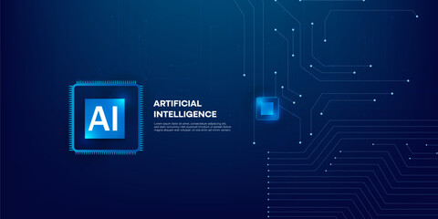Artificial Intelligence Concept with Neon Glowing AI Chip on Circuit Board in Digital Futuristic Blue Background