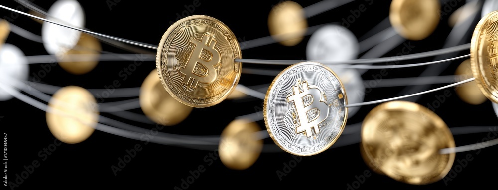 Aufkleber cryptocurrency coins floating in a digital space representing blockchain technology and virtual fina