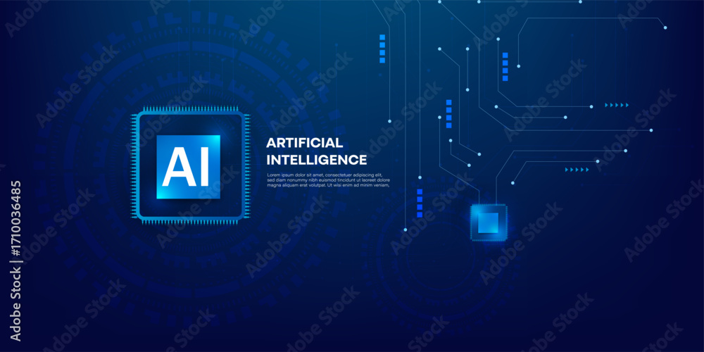 Poster artificial intelligence processor chip with neon light circuit board and blue futuristic technology 