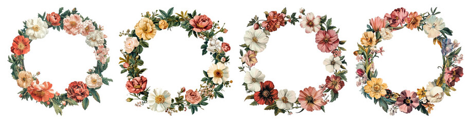 PNG Vintage floral wreaths collection, element set on transparent background