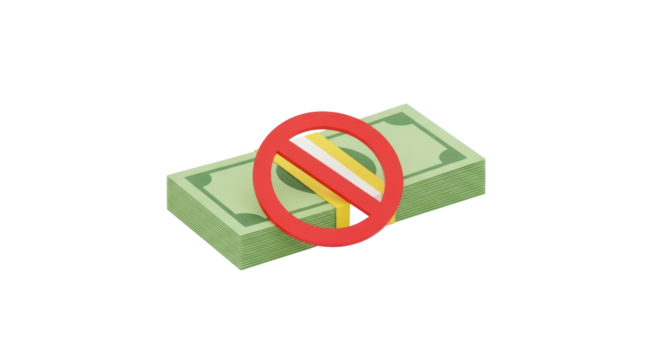 Isolated stack of money with prohibition sign shows currency exchange restrictions in place