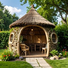 Charming thatched gazebo nestled in a garden