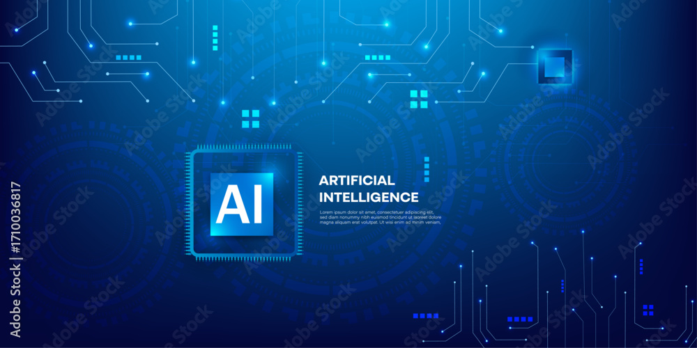 Poster artificial intelligence processor chip with neon light circuit board and blue futuristic technology 