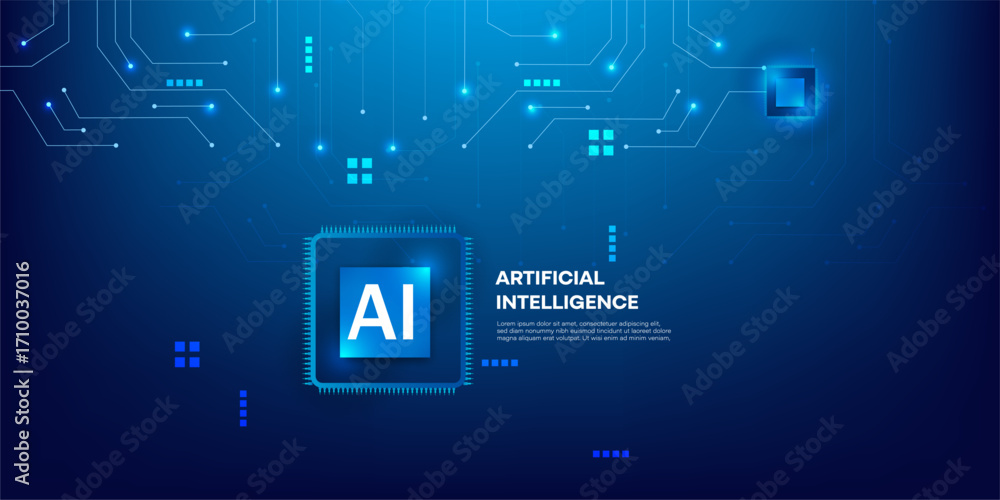 Poster artificial intelligence processor chip with neon light circuit board and blue futuristic technology 