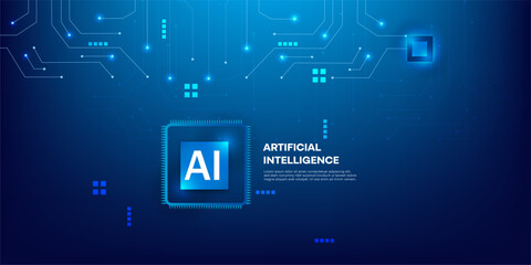 Artificial Intelligence Processor Chip with Neon Light Circuit Board and Blue Futuristic Technology Background