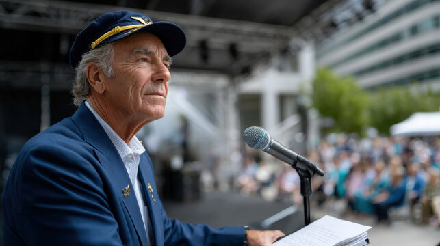 An experienced pilot, dressed in a formal uniform, delivers a heartfelt speech to an attentive audience outdoors, reflecting on achievements and inspiring future generations.