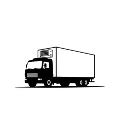 Black and white illustration of a refrigerated box truck on a white background representing logistics and delivery services